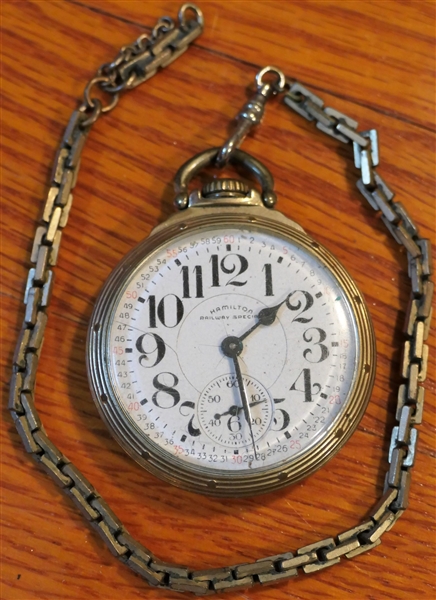 Hamilton Railway Special Pocket Watch - Second Sub Dial - Red Secondary Number Markers - Running - With Watch Chain - Size 16