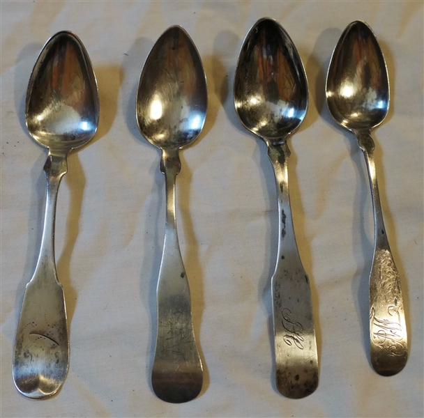 4 Coin Silver Teaspoons - Makers Include C&M, Wheeler, E. Holsey, and Gordon & Co. 