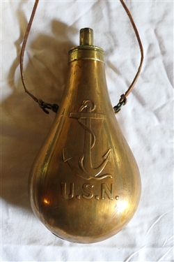 Brass USN - Navy Powder Flask and Horn Powder Horn - Navy Flask Measures 8 1/2 Long 4 1/2 Across - 1 Dent in Body 