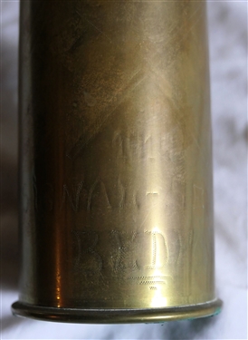 Trench Art Shell Vase with Royal Engineers Emblem on Front - Zig Zag Top with Engraved X Details Also Engraved 1942 - Signal Service Bedford - Emblem Says Honi Soit-Qui-Mali- y- Pennse - Shell...