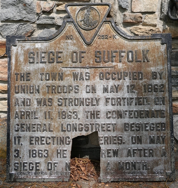 Virginia Highway Historical Marker "Siege of Suffolk" No 252-K - Double Sided - Hole in Bottom Center - See Photos  - Measures 44 1/2" by 42"