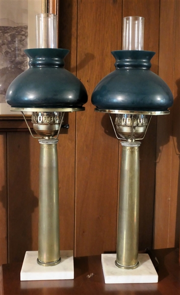 Pair of Trench Art Lamps with Green Case Glass Shades - Marble Bases - Lamps Have Been Electrified - Each Lamp Measures 15" to Bulb 