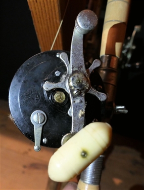 4 Vintage Fishing Rods - 3 With Reels - 1 Deep Sea Rod, Penn Long Beach '67 Reel, Ocean City Free Spool Reel, and Mitchell 402 Salt Water
