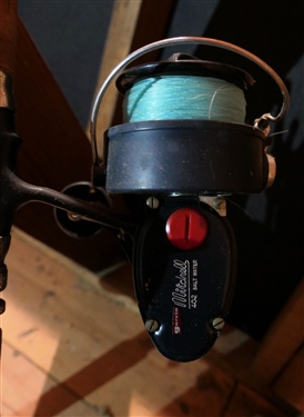 4 Vintage Fishing Rods - 3 With Reels - 1 Deep Sea Rod, Penn Long Beach '67 Reel, Ocean City Free Spool Reel, and Mitchell 402 Salt Water