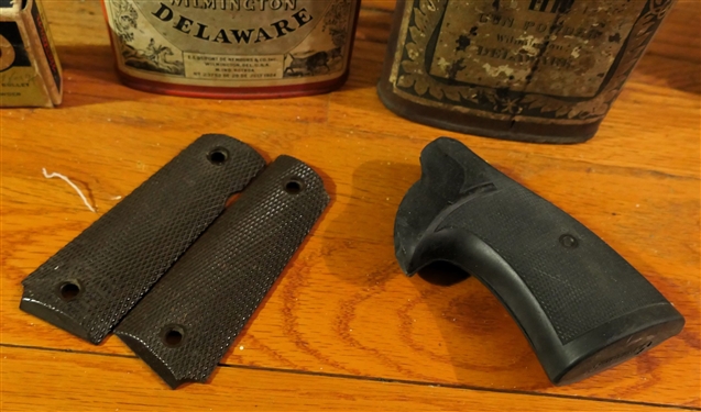 2 Tins of Gun Powder, 2 Pairs of Pistol Grips, and Paper Western 32 Bullet Box