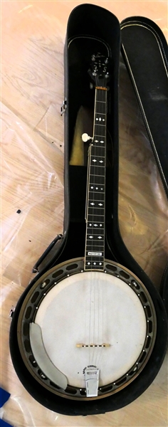 Gibson "Mastertone" 5 String Banjo - Birdseye Maple Back - in Case with Sheepskin Lined Leather Strap - Banjo Has Metal Attachment on Outside Edge of Neck Near 5th Peg 