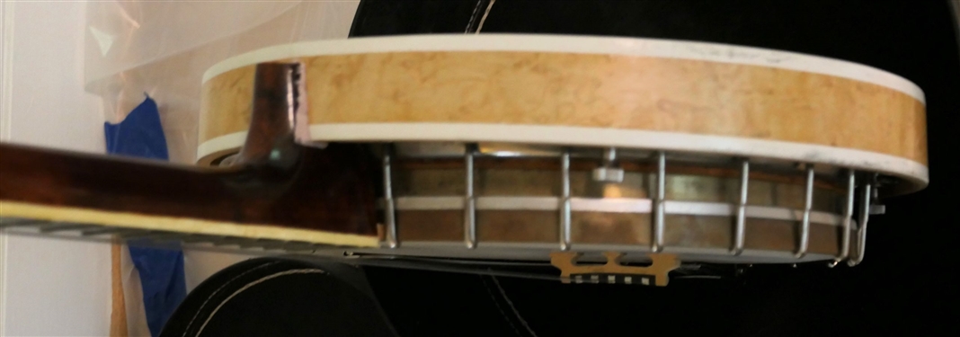 Gibson Mastertone 5 String Banjo - Birdseye Maple Back - in Case with Sheepskin Lined Leather Strap - Banjo Has Metal Attachment on Outside Edge of Neck Near 5th Peg 