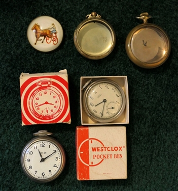 2 - Westclox Pocketwatches in Original Boxes - Pocket Ben and Bulls Eye, 2 Pocket Watch Cases, including Gold Filled Railroad Case, and Domed Pin with Horse and Cart