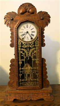 L.E. Largen Clock Company Winston Salem, NC - Oak Clock - Nice Narrow Size - Carved Acorns At Top- With Key and Pendulum - Runs - Measures 21 1/2 Tall 11 by 4 1/4