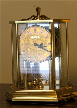 Kundo Anniversary Clock in Hexagon Shaped Glass and Metal Case - Etched Glass on Sides - Measures 9 1/2 tall 8 Across