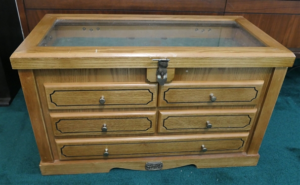 Thomas Museum Series Wood Case - Glass Lift Top - 5 Drawers - North American Hunting Club Decal on Top - Case Measures 13 3/4 Tall 23 by 12 