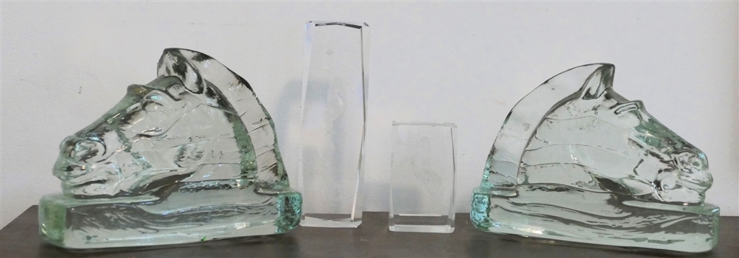 Pair of Heavy Glass Horse Bookends and 2 Etched Horse Paperweights - Horse Book Ends Measure 5 tall 7 by 3 