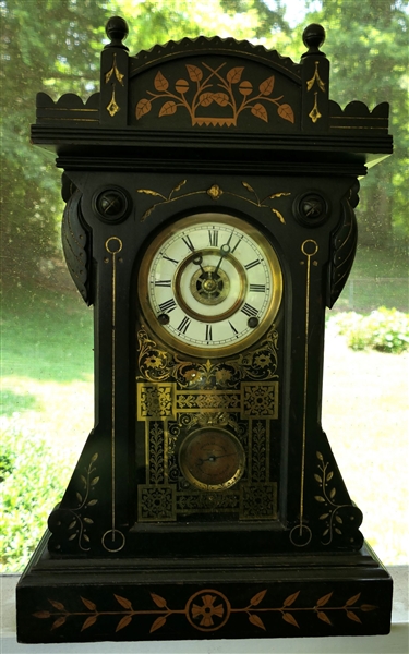 Jacots Regulator Alarm Clock in Inlaid Case - Gold Reverse Painted Face - Pendulum Has Additional Adjustment - Clock is Running With Key - Case Measures 20 1/2" Tall 12 3/4" by 4 1/2"