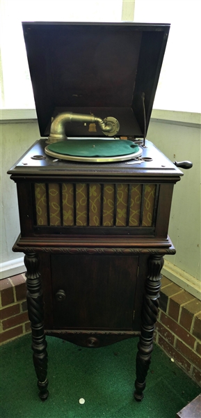 Liberty Talking Machine - Table Top Phonograph in Mahogany Case with Additional Reproducer on Fancy Mahogany Record Cabinet - Record Cabinet Measures 28" tall 18" by 18 1/2" - Machine Works