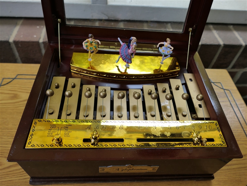 Xylophonium Electronic Xylophone Music Box with Dancing Figures - in Wood Case - Missing Cord Adapter - Case Measures 4 1/2" tall 10" by 7 1/2" 
