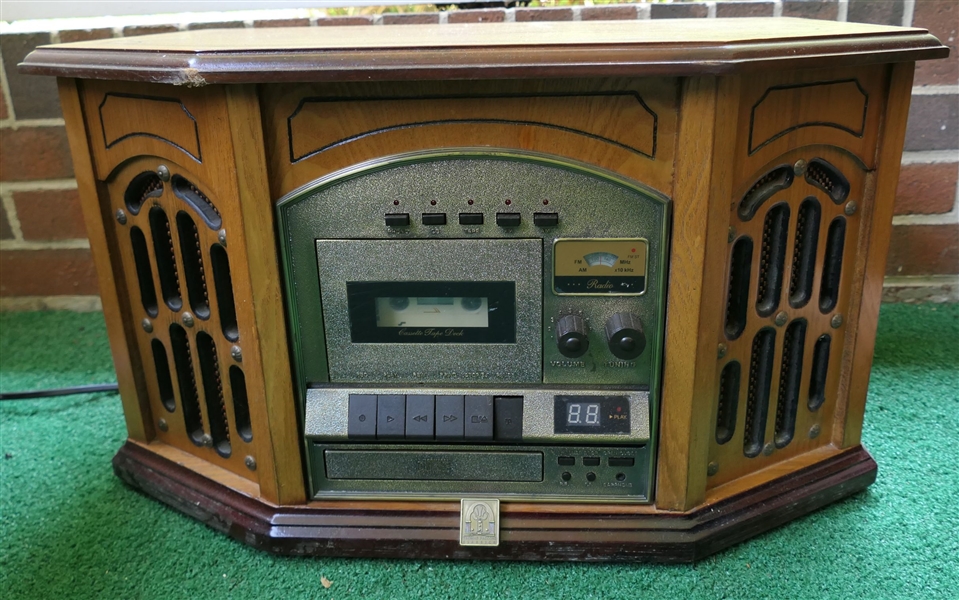 Thomas Pacconi Modern Oak Radio with Record and Cassette Player - Measures 12" Tall 22" by 13 1/2"  - Some Damage to Back Inside Near Record Player