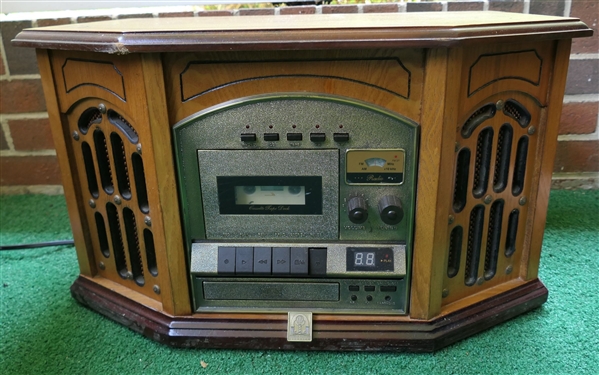 Thomas Pacconi Modern Oak Radio with Record and Cassette Player - Measures 12 Tall 22 by 13 1/2  - Some Damage to Back Inside Near Record Player