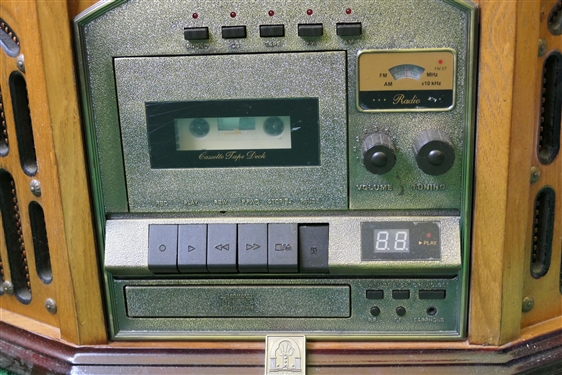 Thomas Pacconi Modern Oak Radio with Record and Cassette Player - Measures 12 Tall 22 by 13 1/2  - Some Damage to Back Inside Near Record Player