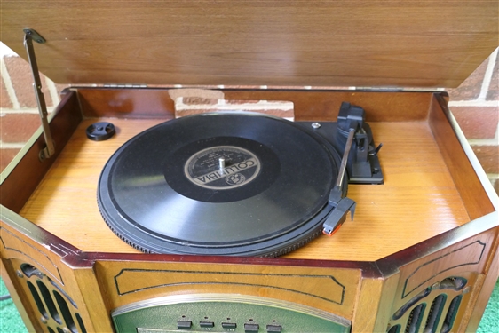 Thomas Pacconi Modern Oak Radio with Record and Cassette Player - Measures 12 Tall 22 by 13 1/2  - Some Damage to Back Inside Near Record Player