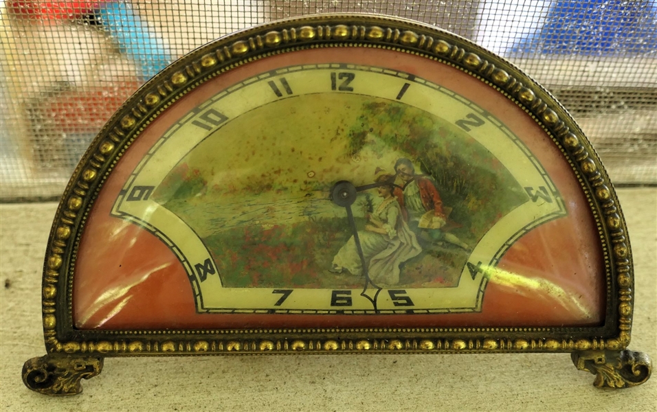 Victorian Brass Dresser Clock with Courting Scene on Dial - Measures 3 1/2" Tall 5 1/2" Across - Both Clocks Run 