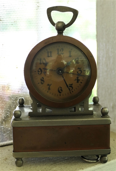 Unusual Copper and Metal Desk Clock / Music Box - Measures 5" Tall 3 1/4" by 2 1/4" 