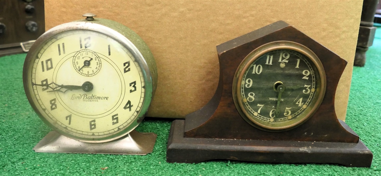 2 Wind Up Desk Clocks- Lord Baltimore "Moderne" With Second Register and "Moonlite" by Gilbert - Moonlight in Wood Case Measures 5 1/2" Tall 8" by 2 1/4"