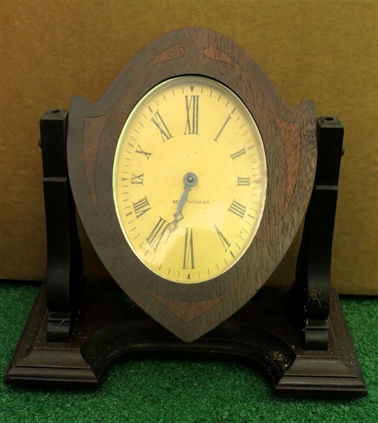 Seth Thomas - Made in USA - Dresser Clock in Walnut Inlaid Case - Measuring 9 1/2" tall 9 1/2" by 5"
