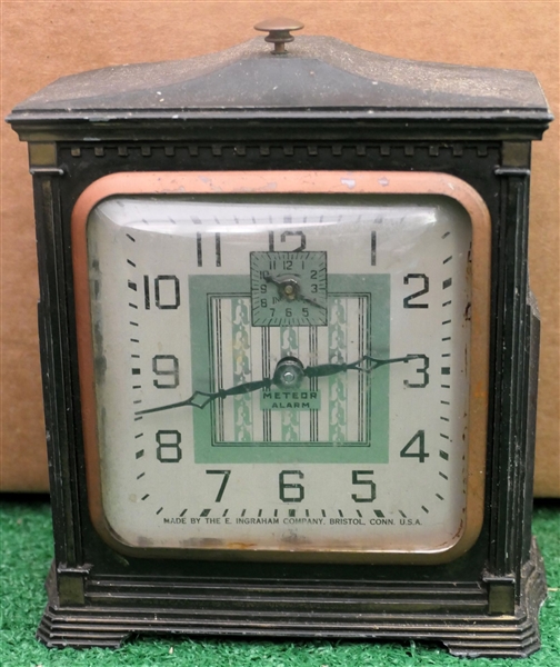 Ingraham Company  "Meteor Alarm" - Alarm Clock - in Metal Case - 2 Registers on Dial - Measures 6 1/2" Tall 5" by 2 1/2" - Clock is Loose in Case 