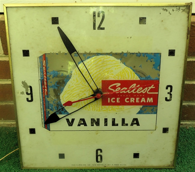 Sealtest Vanilla Ice Cream Electric Clock - Works - Pam Clock Co. Inc. - New Rochelle, NY - Clock Measures 15" by 15 1/2" - Some Paint Flaking on Dial - See Photos