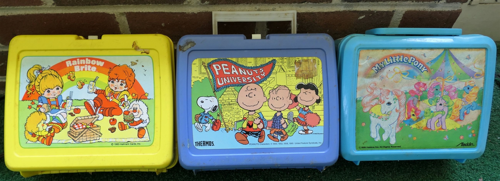 3 Vintage Plastic Lunch Boxes with Thermoses - "Rainbow Brite" "Peanuts University" and "My Little Pony"