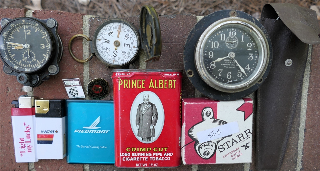 Collection of Compasses, Lighters, Tobacco Tins, Bottle Opener, Imperial Stainless Fork, Spoon, Knife, Eight Day Keyless Auto Clock, Etc. 