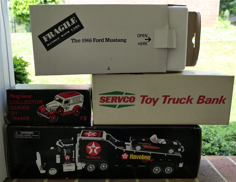 4 Model Card - 1966 Ford Mustang, Texaco Delivery Van, Servco Toy Truck Bank, and Texaco Havoline Racing Truck - All in Original Boxes 