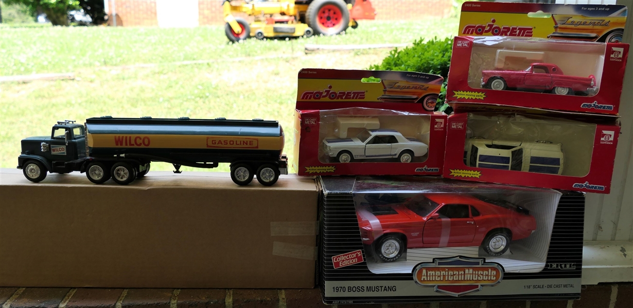 6 Model Cars - Wilco Gasoline, Majorette Mustangs, and American Muscle 1970 Boss Mustang by Ertl, and Cheez Whiz Transfer Truck 