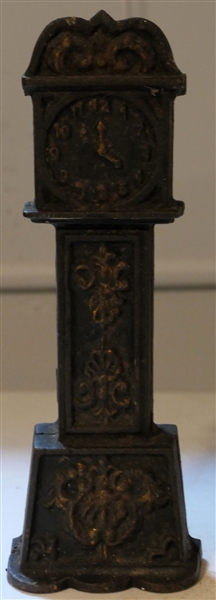 Cast Iron Grandfather Clock Coin Bank - Measures 9" tall 3" Across - Some Holes on Back - See Photos