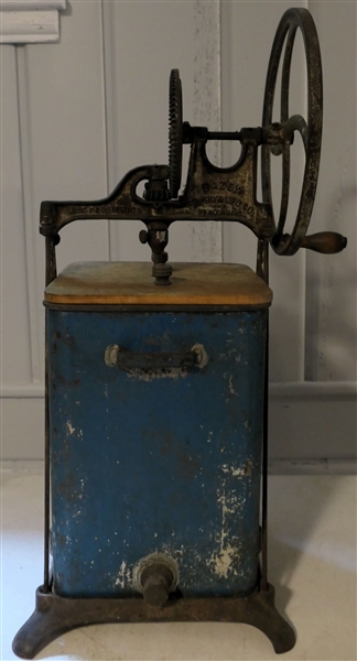 Smaller Dazey Churn - Metal Works with Blue Painted Tin Hopper - Wood Lid and Dasher - Measures 21" Tall - Pat. Dec. 1917 