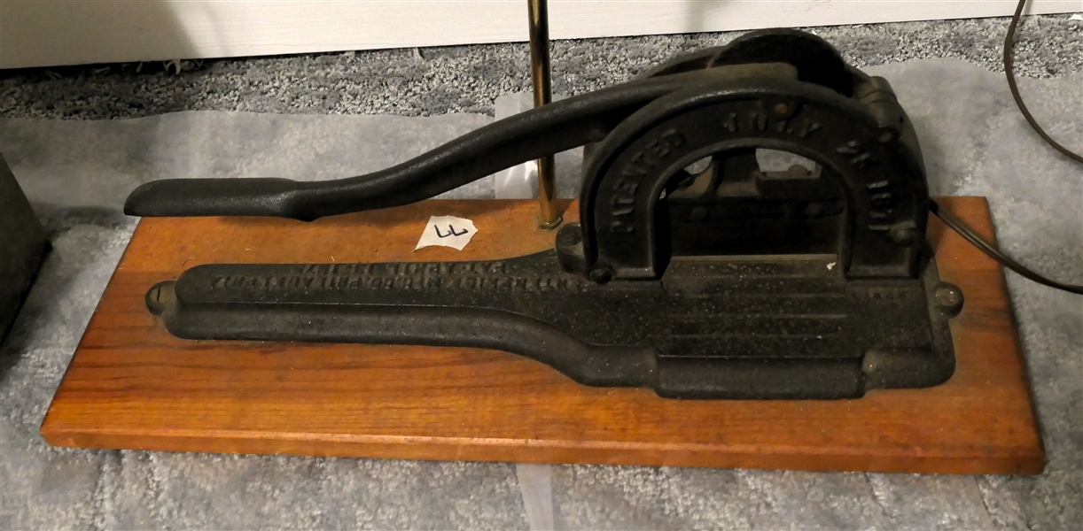 The Champion Knife Improved Tobacco Cutter by Enterprise Mfg. Co. Philadelphia - Pat. 1875 - Mounted on Wood Plaque with Lamp