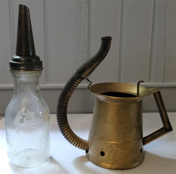 One Quart Glass Oil Bottle and Metal Pouring Spout and Brookins One Quart Oil  Can 