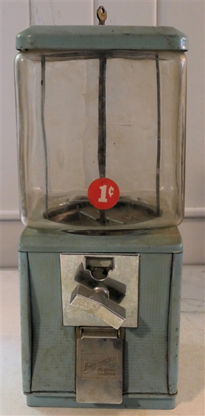 1 Cent Bubble Gum Machine with Key - Northwestern, Morris, MI - Glass and Metal 