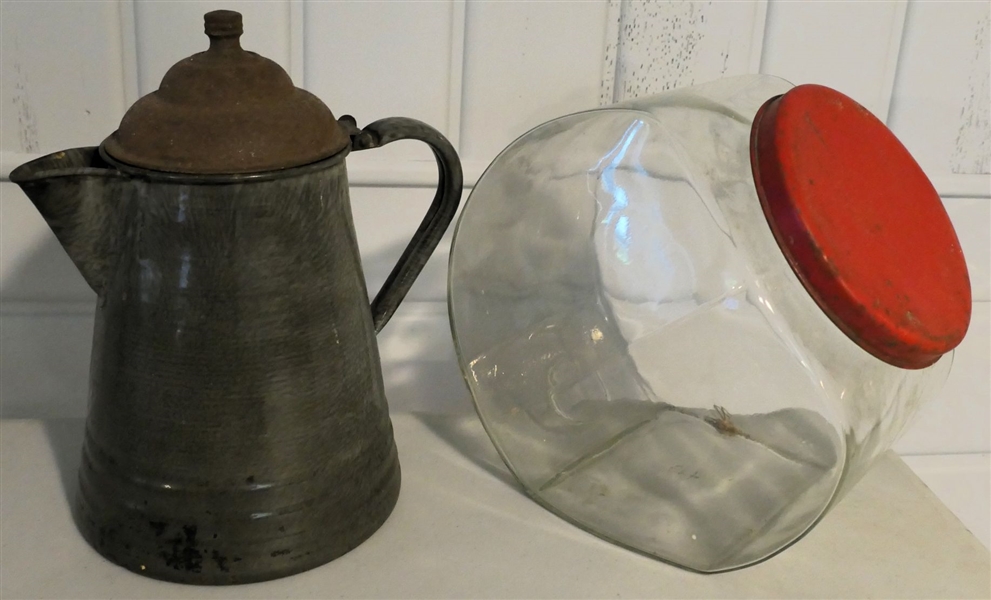 Gray Enamel Ware Coffee Pot "Texas Tea Pot"  - Measuring 12" Tall and Glass Candy Jar with Red Lid 