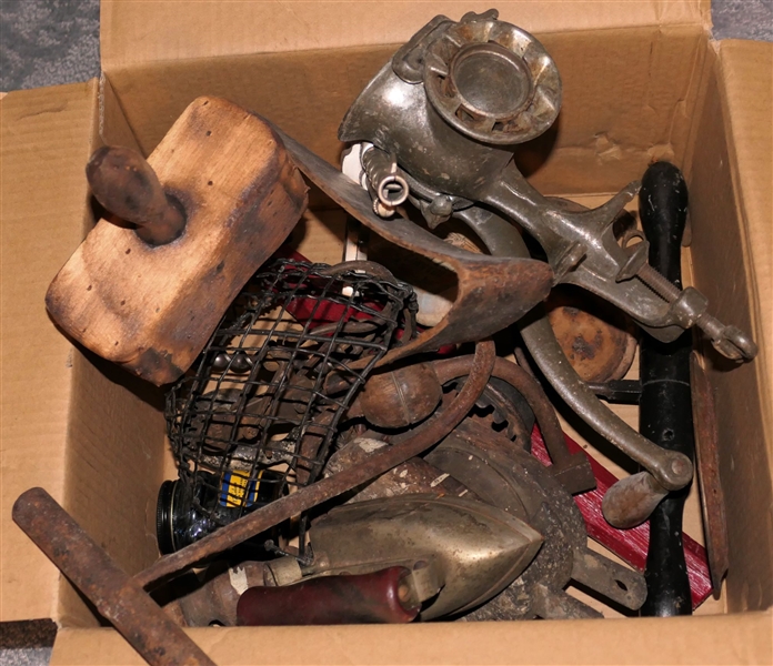 Box Lot of Tools and Toys including Pulley, Hook, Friner, Toy Gun, Etc. 