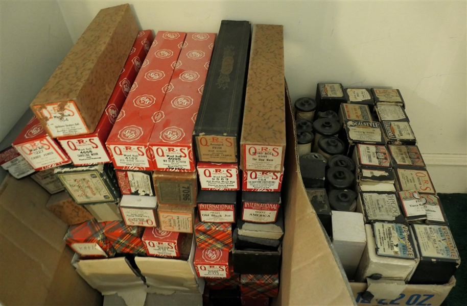 2 Large Boxes of Player Piano Rolls -Over 80 - Including  Casey Jones, Carolina Moon, 1926 Christmas Greetings, and Many More