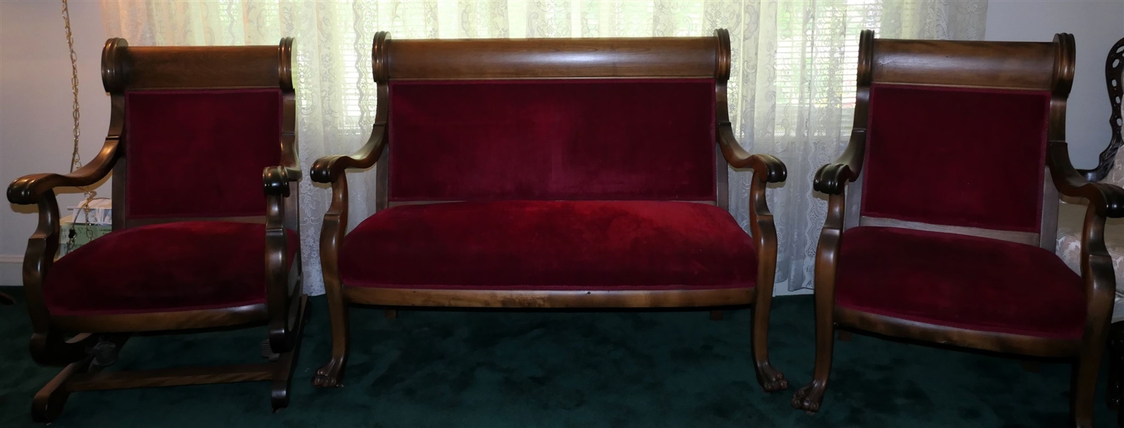 Turn of The Century Red Velvet Claw Foot Parlor Set - Platform Rocker, Sittee, and Arm Chair - Sittee Measures 40" Tall 53" Across