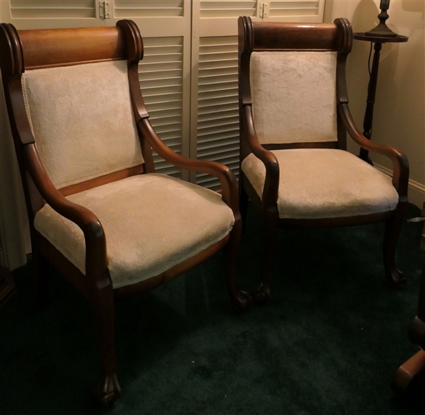 Pair of Turn of The Century Claw Foot Parlor Chairs - Cream Velvet Upholstery - Each Chair Measures 38" Tall 20" by 20" 