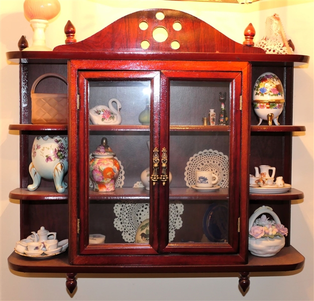 Mahogany Finish Wall Hanging What Not Cabinet with Contents - Miniature Tea Sets, Egg Vase, Miniature Vases, Miniature Ginger Jar, Etc. - Cabinet Measures 19" Tall 21" by 5" 