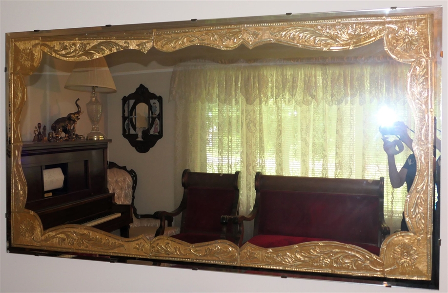 Unusual Beveled Glass Mirror - Gold Foil Details Under Glass - Beveled Edge - Mirror Overall Measures 36" by 66" - Small Chip to Lower Left Corner 