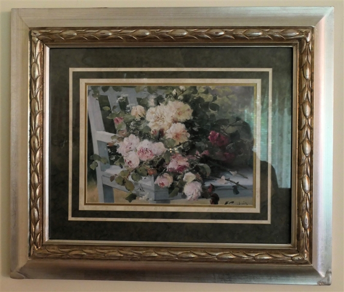 Floral Print Framed and Matted  - Silver Laurel Leaf Frame - Frame Measures 22" by 26"