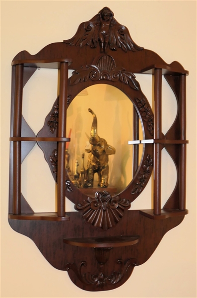 Mahogany Finish Mirrored Hanging What Not Shelf - Carved Cherub and Urn - Measures 30" by 19" 