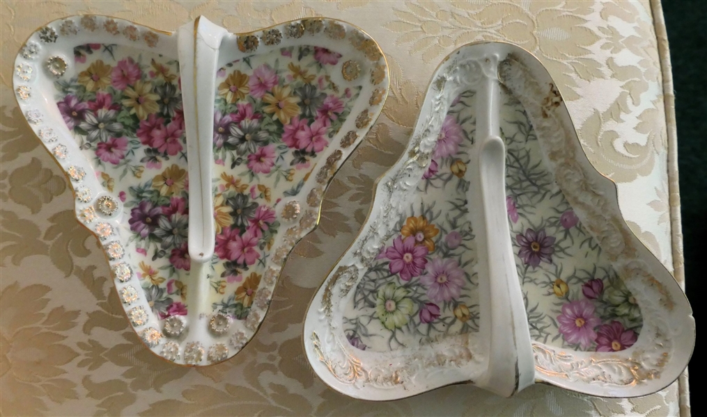 2 Triangular Floral Porcelain Nappy Dishes - 1 With Original Bentons Label - Measuring 8" - 