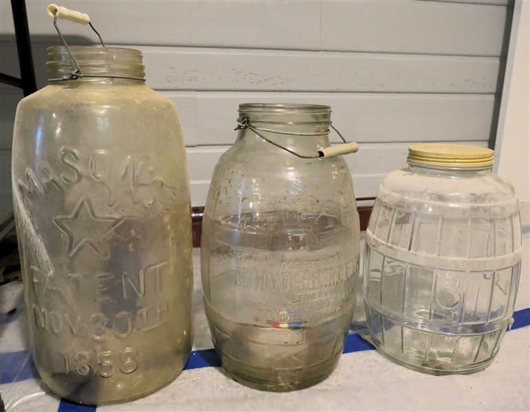 Large Masons 1858 Glass Jar with Eagle on Back, Gem Dandy Electric Churn Jar, and Barrel Jar - Mason Jar Measures 19" Tall 