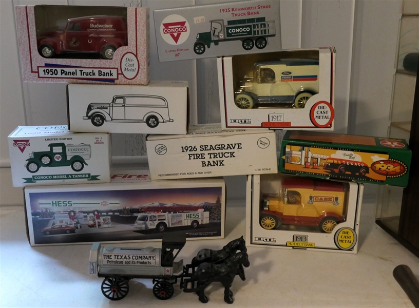 10 Metal Vehicles / Banks - Budweiser 1950 Panel Bank, Conoco, Hess, Texaco, Ertl 